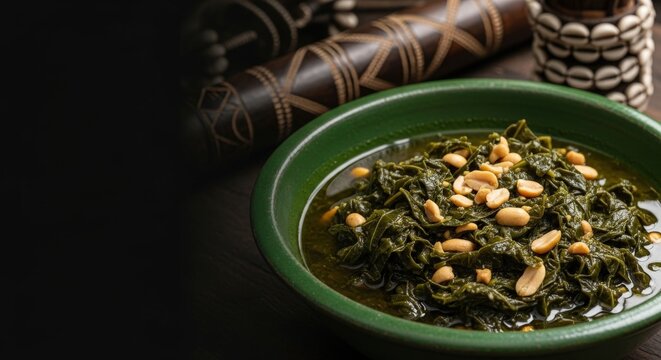 Kizaka: Glossy Cassava Leaf Stew with Chokwe Staff and Ovambo Shells in Forest Light