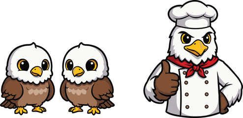 Cartoon bald eagle chef mascot with young eagles, animal character illustration, fun educational design, culinary bird character, children’s activity artwork