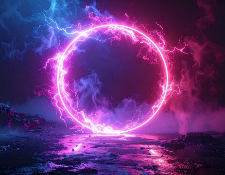 Neon energy ring pulsating in darkness, physics concept