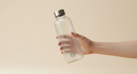 Hand holding water bottle against neutral background