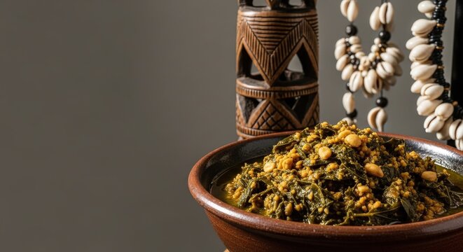 Kizaka: Glossy Cassava Leaf Stew with Chokwe Staff and Ovambo Shells in Forest Light