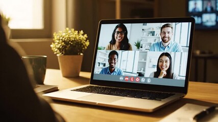 Shoulder view of a person participating in a group video conference call with a diverse team of smiling colleagues for a remote business meeting - Powered by Adobe