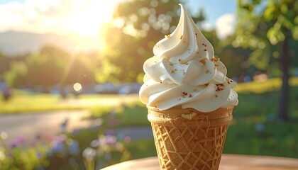 Delicious Vanilla Ice Cream Cone in Sunny Park.