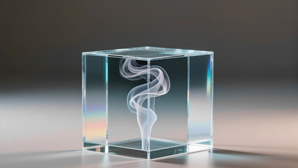 A spiral of white smoke trapped inside a transparent glass cube. Abstract concept.