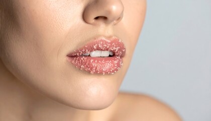 A close-up of a person's lips covered in what looks like sugar crystals. Skin tones are pale against a light blue backdrop