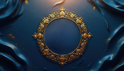 Gold floral ornamented frame on blue textured background. Luxury design with vintage look. Elegant circle border with decorative elements. Abstract art for celebration cards religious concepts.