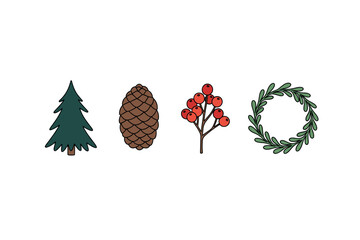 Collection of evergreen symbols: pine tree, cone, berries, wreath. Colorful icons set illustrated