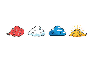 Colorful cloud illustrations: red, white, blue, yellow with sun and swirls. Colorful icons set illustrated
