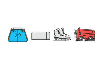 Ice rink essentials: hockey rink, puck, skates, zamboni machine icons. Colorful icons set illustrated