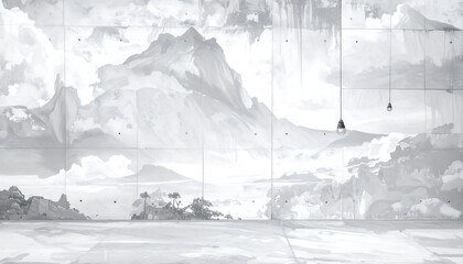 Monochrome Landscape with Cloudy Sky.