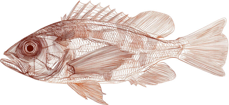 Detailed scientific illustration of a fish anatomy showing skeleton and fins.