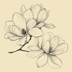 Elegant hand drawn sketch of two beautiful magnolia flowers.