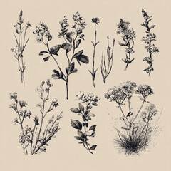 A collection of vintage hand drawn botanical illustrations of wildflowers and herbs.