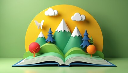 Colorful pop-up book displays nature scene with mountains trees clouds, butterfly. Imagination childhood concept shows book art creative graphic design. Whimsical illustration represents reading