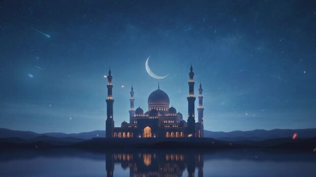 Beautiful landscape of mosque at night for Ramadan Kareem,Aidil Fitri, eid Mubarak decoration design gift background