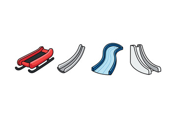 Sled and various slide designs featuring curved and straight elements for winter fun. Colorful icons set illustrated