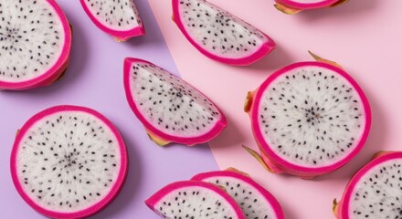 Sliced dragon fruit arranged on pink and purple background