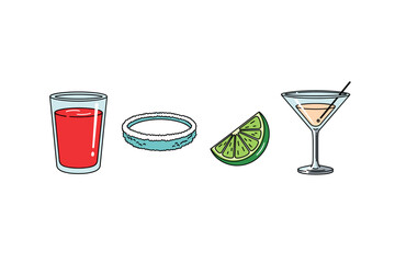 Colorful cocktail elements: red shot, salt rim, lime wedge, martini glass. Colorful icons set illustrated