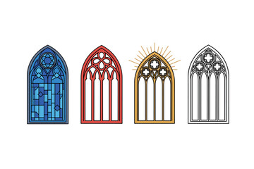 Colorful gothic window designs: blue, red, gold, and black arched art. Colorful icons set illustrated