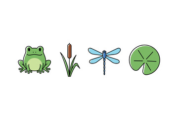 Frog, cattail, dragonfly, and lily pad illustrations - nature symbols. Colorful icons set illustrated