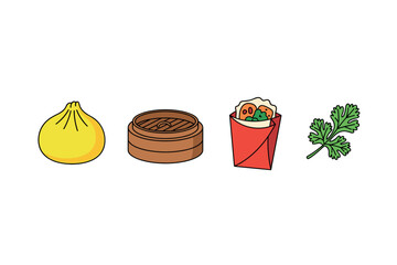 Illustration of asian cuisine: dumpling, steamer, wrap, cilantro. Colorful icons set illustrated