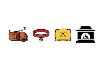 Cozy dog sleep with collar, pillow, and fireplace icons. Colorful icons set illustrated