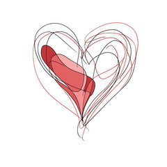Abstract scribble heart drawing with red and black lines.