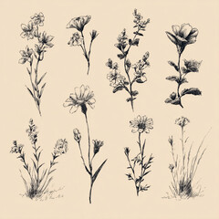 Set of Eight Vintage Hand Drawn Wildflower Botanical Illustrations.