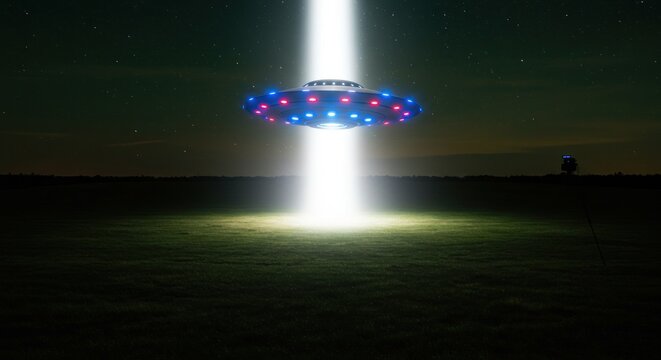 Ufo hovering over a field at night emitting a bright beam of light conceptual illustration