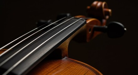 Fototapeta premium Violin close up details of strings bridge and scroll on dark background musical instrument