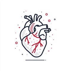 Stylized human heart anatomy illustration with red vessels.