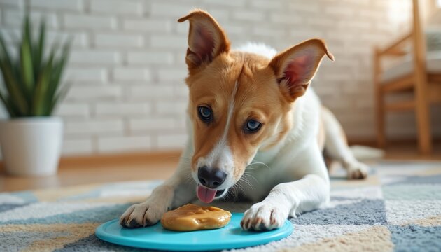 Cute dog enjoys peanut butter on a blue plate. Happy puppy lies on carpet indoors licking snack. Playful doggy eats tasty treat in home. Pet lifestyle and care concept. Dog enrichment.