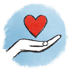 Hand drawn illustration of a hand holding a red heart symbol.