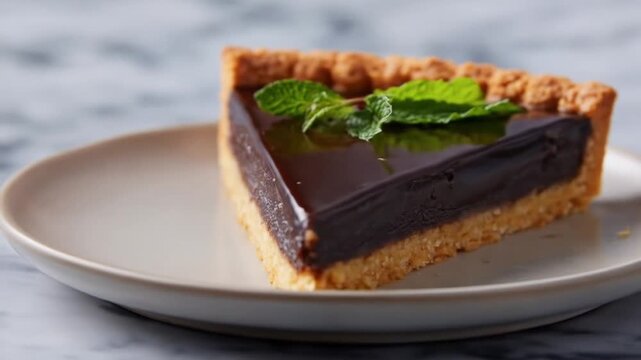 Slice of rich chocolate tart garnished with fresh mint leaves on a simple plate, presenting a delicious baked dessert against a subtly blurred background, showcasing culinary indulgence.