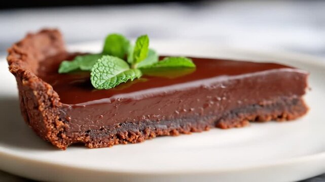 Slice of rich chocolate dessert, garnished with fresh mint leaves, presented on a white plate against a soft-focus background, capturing a delicious gourmet treat.