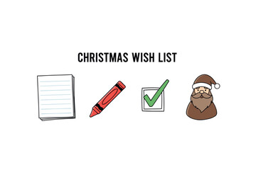 Christmas wish list with crayon, checklist, and santa illustration. Colorful icons set illustrated