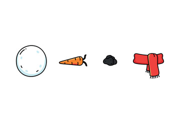Snowman components: snowball, carrot, coal, scarf illustration. Colorful icons set illustrated