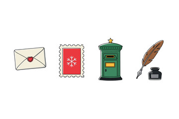 Envelope, postage stamp, green mailbox, quill pen, ink bottle - postal icon set. Colorful icons set illustrated