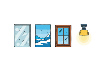 Minimalist elements: window, painting, wooden frame, hanging light. Colorful icons set illustrated