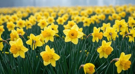 Fototapeta premium Yellow daffodil field close up springtime floral background