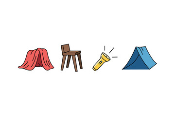 Cozy indoor camp with blanket fort, chair, flashlight, and tent. Colorful icons set illustrated