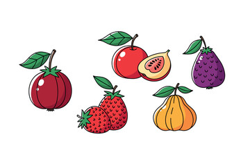 Colorful assorted cartoon fruits with leaves. Colorful icons set illustrated