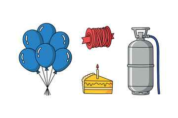Birthday party essentials: blue balloons, cake slice, helium tank, party streamers. Colorful icons set illustrated