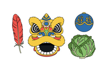 Colorful lion dance elements: feather, mask, ball, and lettuce. Colorful icons set illustrated