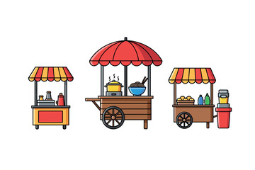 Street food carts with colorful umbrellas and various snacks. Colorful icons set illustrated
