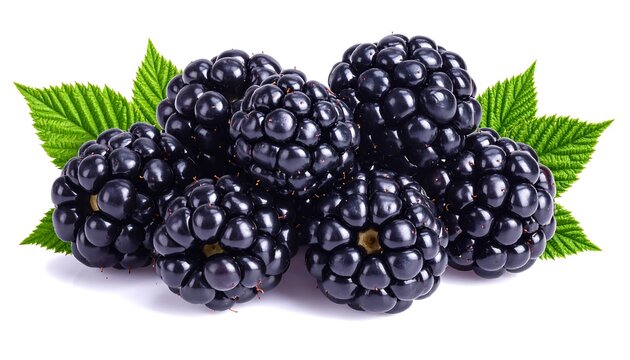 A close-up of a pile of glistening, ripe, black berries with vibrant green leaves, isolated on a white background, showcasing natural texture - Powered by Adobe