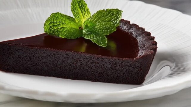 Delicious dark chocolate tart dessert with fresh mint leaves served on a textured white plate with a blurred background of flowers and marble surface.