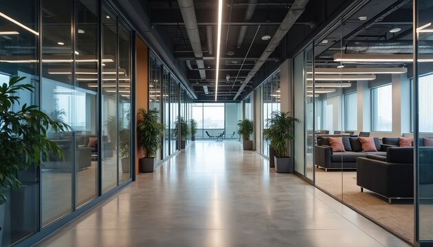 Modern office hallway interior with glass partitions, polished concrete floor. Comfortable seating area with gray sofa, red pillows. Green plants in pots. Bright, clean workspace with minimalist
