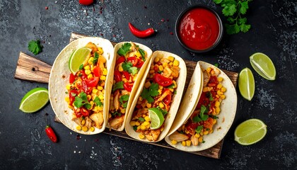 A close-up overhead shot shows four delicious tacos filled with colorful ingredients, accompanied by lime wedges and a bowl of red sauce