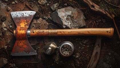 Rusty Double-Bladed Axe with Wooden Handle.